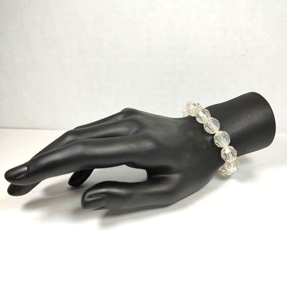 Opaque Clear Iridescent Plastic Beaded Stretch Fashion Bracelet 5.75" Bridal - Picture 4 of 13